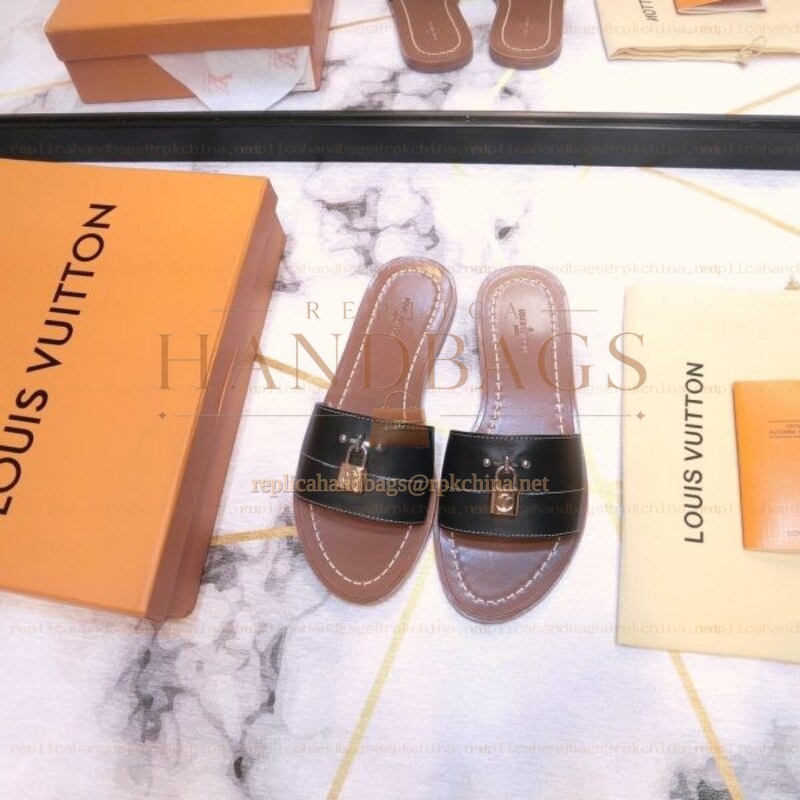Replica Louis Vuitton Black Lock It Flat Mule Sandals