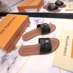 Replica Louis Vuitton Black Lock It Flat Mule Sandals