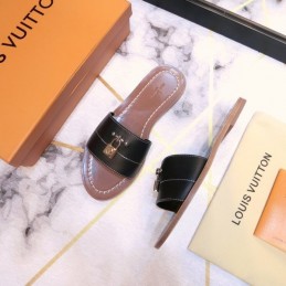Replica Louis Vuitton Black Lock It Flat Mule Sandals