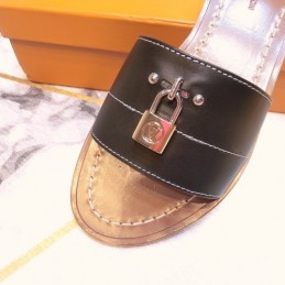 Replica Louis Vuitton Black Lock It Flat Mule Sandals