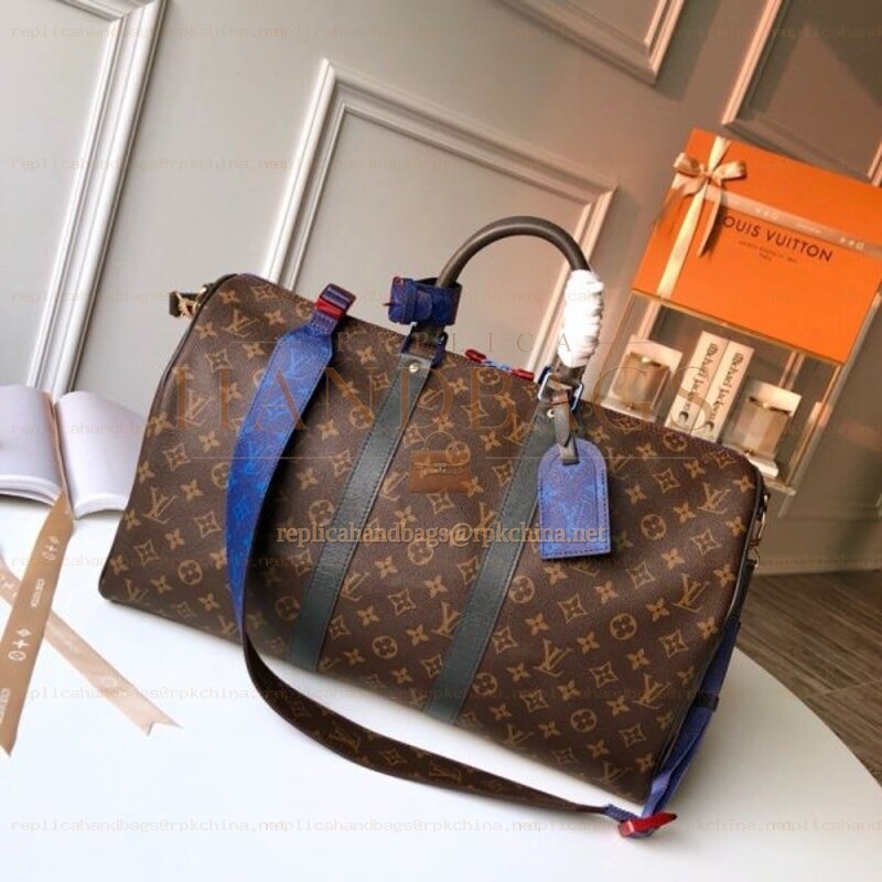 Replica Louis Vuitton Brown Monogram Blue Stripe Keepall Bandouliere 45