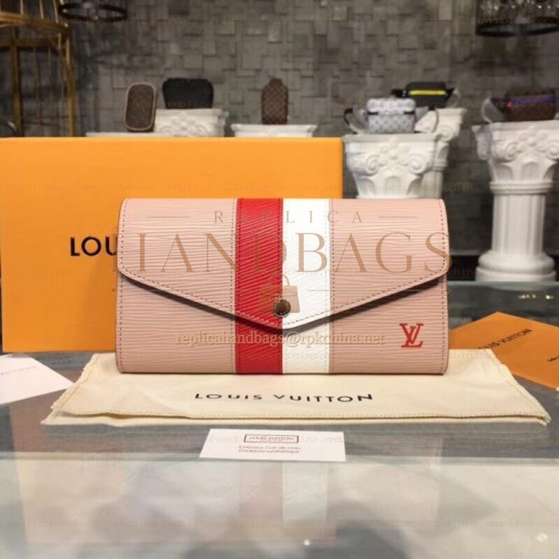 Replica Louis Vuitton Beige Pink Red Stripe Sarah Wallet