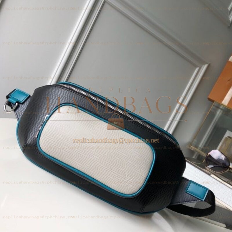 Replica Louis Vuitton White Leather Blue Trim Bumbag Melville