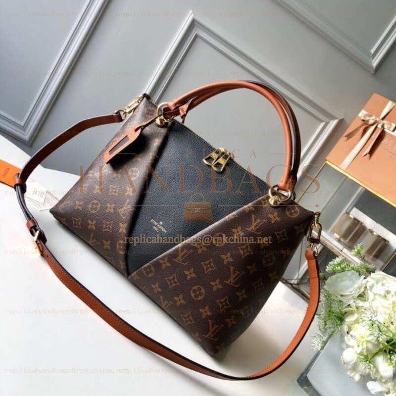 Replica Louis Vuitton Brown Monogram Black Panel V Tote MM