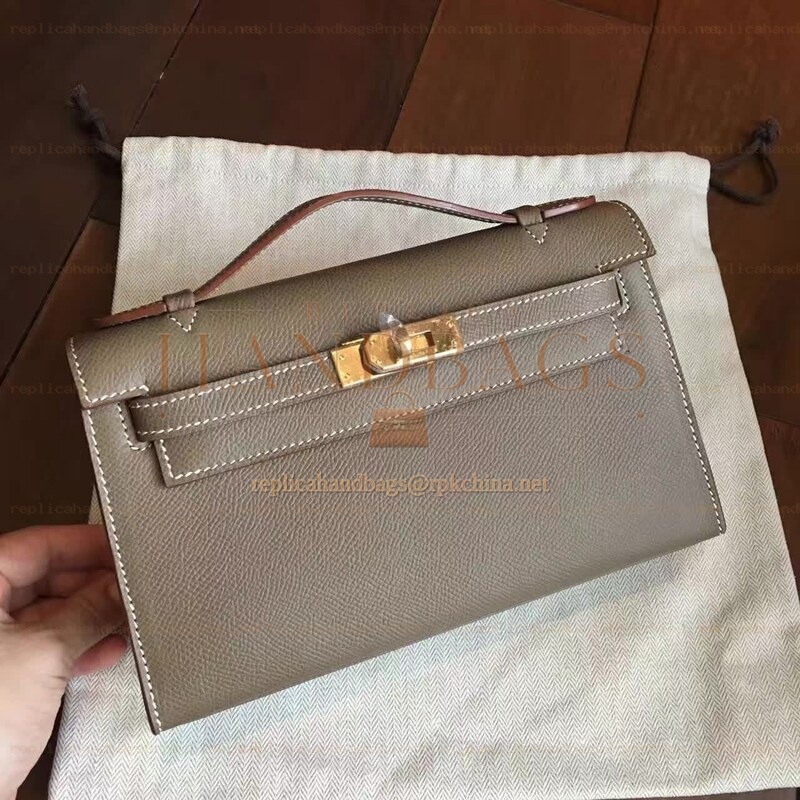 Replica Hermes Taupe Kelly Pochette Gold Hardware Bag