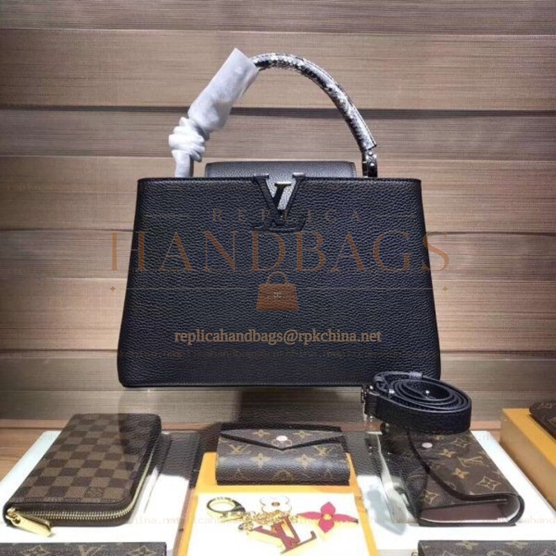 Replica Louis Vuitton Black Textured Capucines PM - Style 2