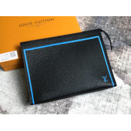 Replica Louis Vuitton Black Leather Blue Trim Pochette Voyage MM Clutch