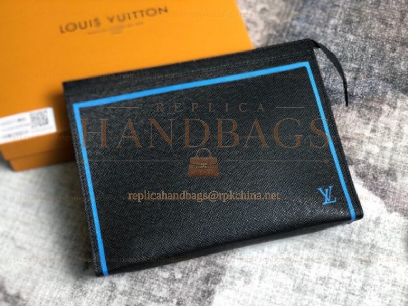 Replica Louis Vuitton Black Leather Blue Trim Pochette Voyage MM Clutch