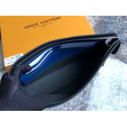 Replica Louis Vuitton Black Leather Blue Trim Pochette Voyage MM Clutch
