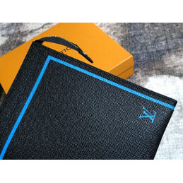 Replica Louis Vuitton Black Leather Blue Trim Pochette Voyage MM Clutch