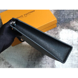 Replica Louis Vuitton Black Leather Blue Trim Pochette Voyage MM Clutch