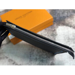 Replica Louis Vuitton Black Leather Blue Trim Pochette Voyage MM Clutch
