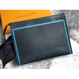 Replica Louis Vuitton Black Leather Blue Trim Pochette Voyage MM Clutch