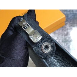 Replica Louis Vuitton Black Leather Blue Trim Pochette Voyage MM Clutch