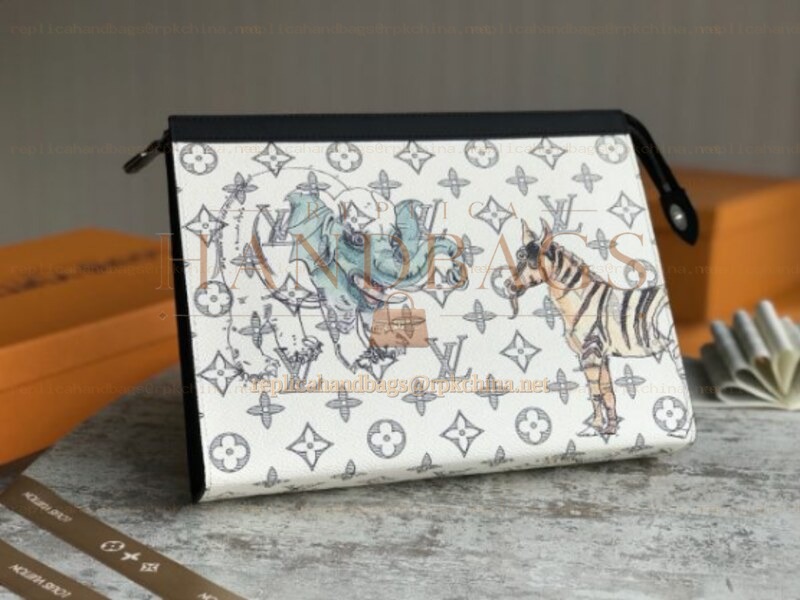 Replica Louis Vuitton White Savane Chapman Animal Print Pochette Voyage MM
