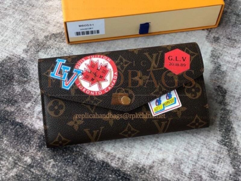 Replica Louis Vuitton Brown Monogram Paris Patch Red Interior Sarah Wallet