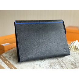 Replica Louis Vuitton Black Leather Blue Trim Pochette Voyage MM Zip Pouch