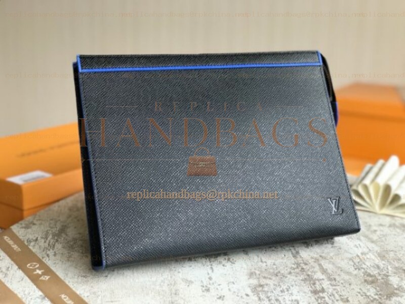 Replica Louis Vuitton Black Leather Blue Trim Pochette Voyage MM Zip Pouch