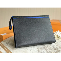 Replica Louis Vuitton Black Leather Blue Trim Pochette Voyage MM Zip Pouch