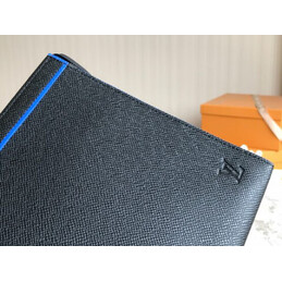 Replica Louis Vuitton Black Leather Blue Trim Pochette Voyage MM Zip Pouch