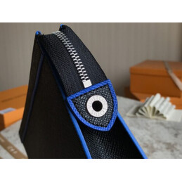 Replica Louis Vuitton Black Leather Blue Trim Pochette Voyage MM Zip Pouch