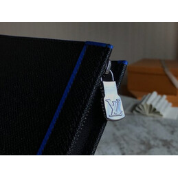 Replica Louis Vuitton Black Leather Blue Trim Pochette Voyage MM Zip Pouch