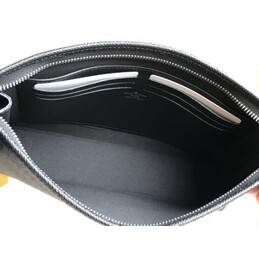 Replica Louis Vuitton Black Leather Blue Trim Pochette Voyage MM Zip Pouch