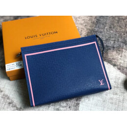 Replica Louis Vuitton Navy Blue Leather Pink Trim Pochette Voyage MM