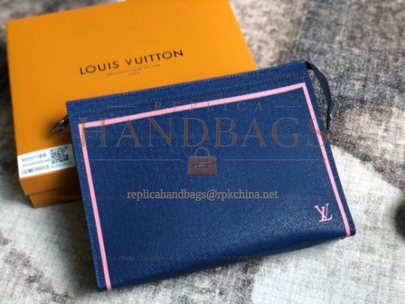 Replica Louis Vuitton Navy Blue Leather Pink Trim Pochette Voyage MM