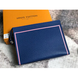 Replica Louis Vuitton Navy Blue Leather Pink Trim Pochette Voyage MM