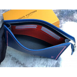 Replica Louis Vuitton Navy Blue Leather Pink Trim Pochette Voyage MM