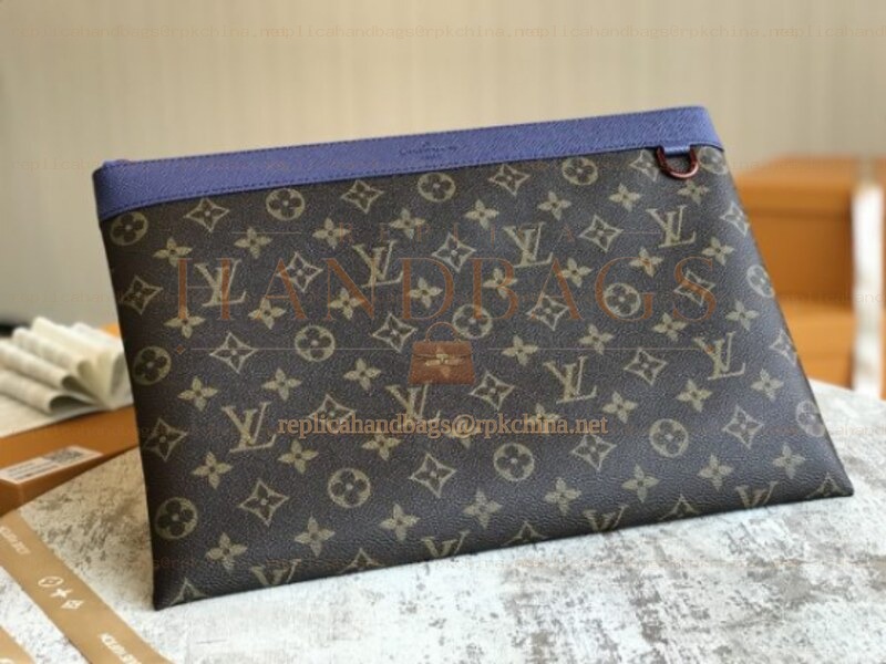Replica Louis Vuitton Brown Monogram Blue Trim Discovery Pochette
