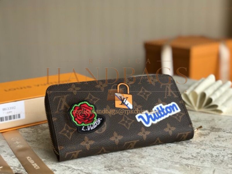 Replica Louis Vuitton Brown Monogram Rose Patch Zippy Wallet