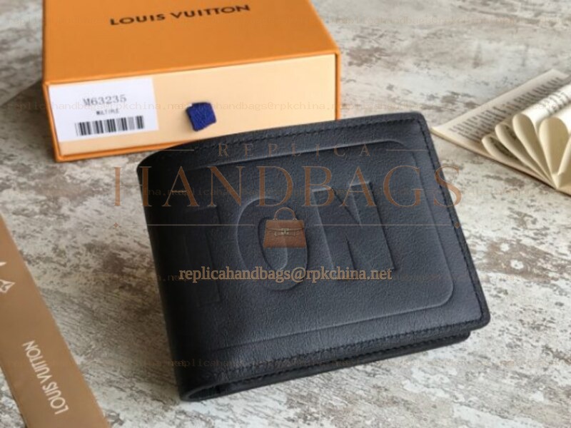 Replica Louis Vuitton Black Leather Embossed Vuitton Multiple Wallet