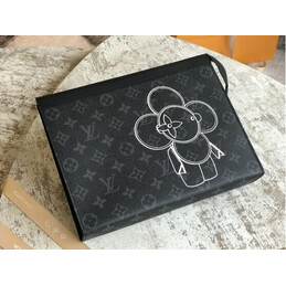 Replica Louis Vuitton Black Monogram Eclipse Flower Pochette Voyage MM
