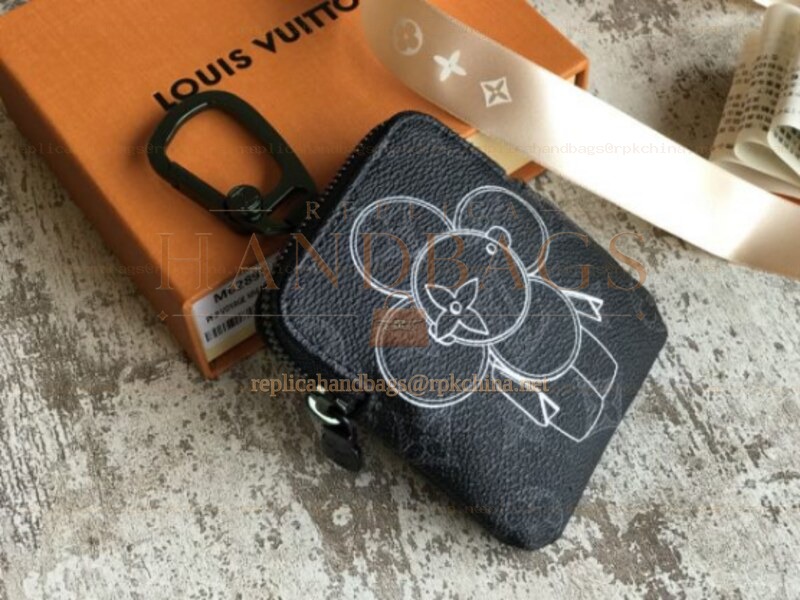 Replica Louis Vuitton Black Monogram Gray Flower Zip Charm Wallet