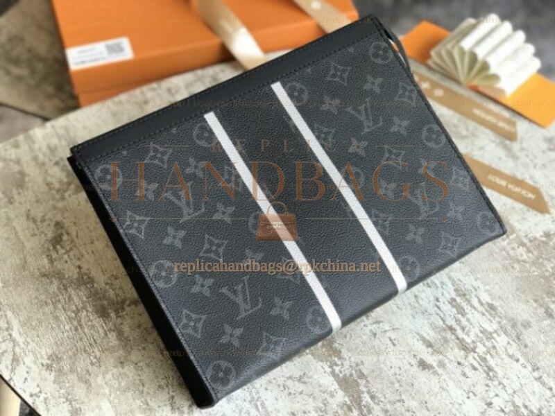 Replica Louis Vuitton Black Monogram Eclipse White Stripe Pochette Voyage MM Zip Pouch