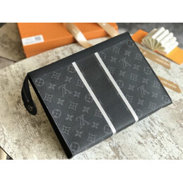 Replica Louis Vuitton Black Monogram Eclipse White Stripe Pochette Voyage MM Zip Pouch
