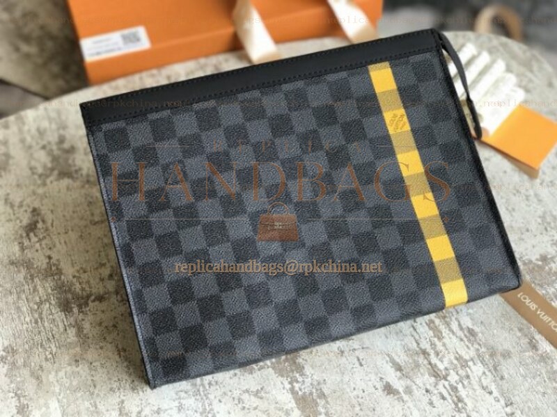 Replica Louis Vuitton Damier Graphite Yellow Stripe Pochette Voyage MM