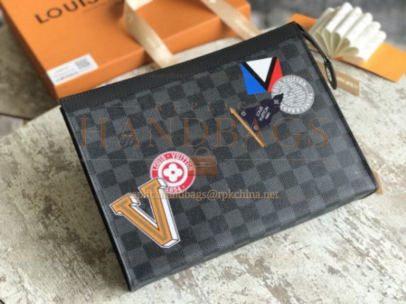 Replica Louis Vuitton Damier Graphite Travel Patch Pochette Voyage MM