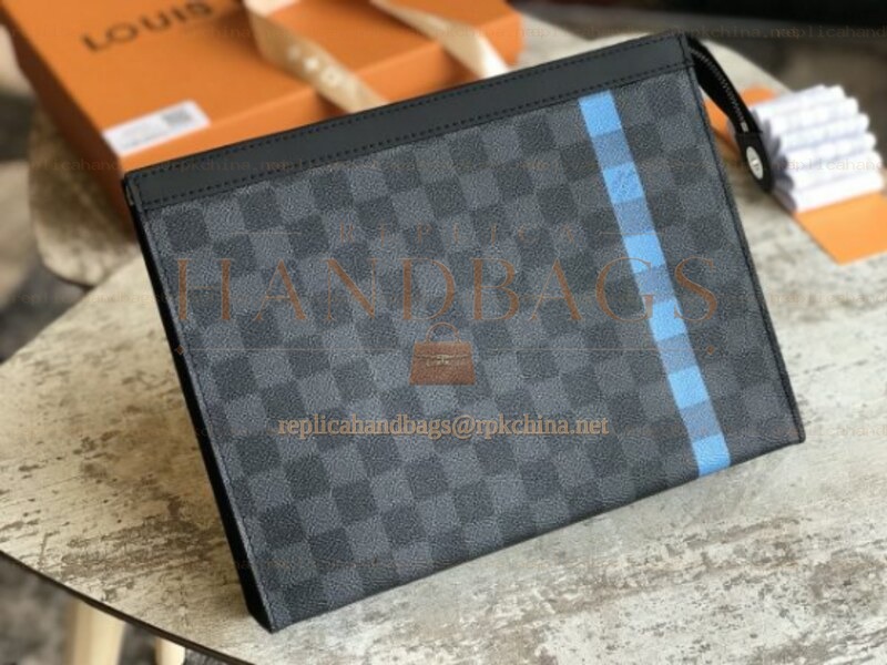 Replica Louis Vuitton Damier Graphite Light Blue Stripe Pochette Voyage MM