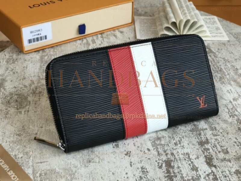 Replica Louis Vuitton Black Epi Leather Red White Stripe Zippy Organizer Wallet