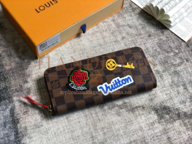 Replica Louis Vuitton Brown Damier Ebene Rose Patch Zippy Wallet