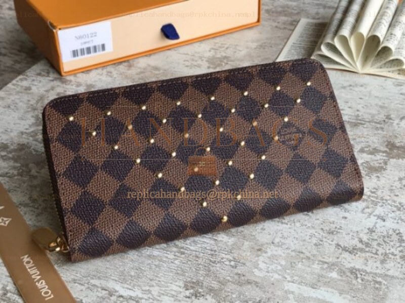 Replica Louis Vuitton Brown Damier Ebene Studded Zippy Wallet