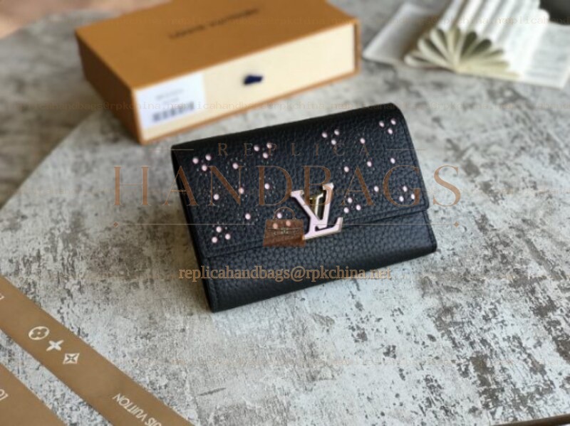 Replica Louis Vuitton Black Studded Capucines Compact Wallet