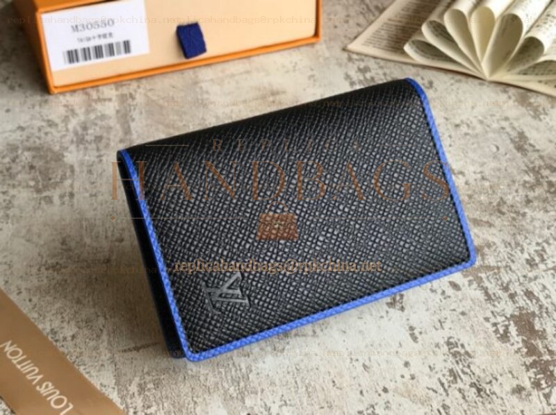 Replica Louis Vuitton Black Taiga Leather Blue Trim Pocket Organizer