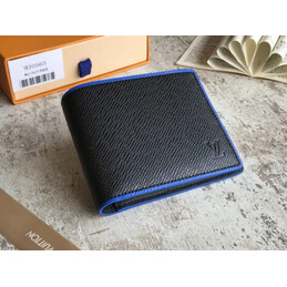 Replica Louis Vuitton Black Taiga Leather Blue Trim Multiple Wallet