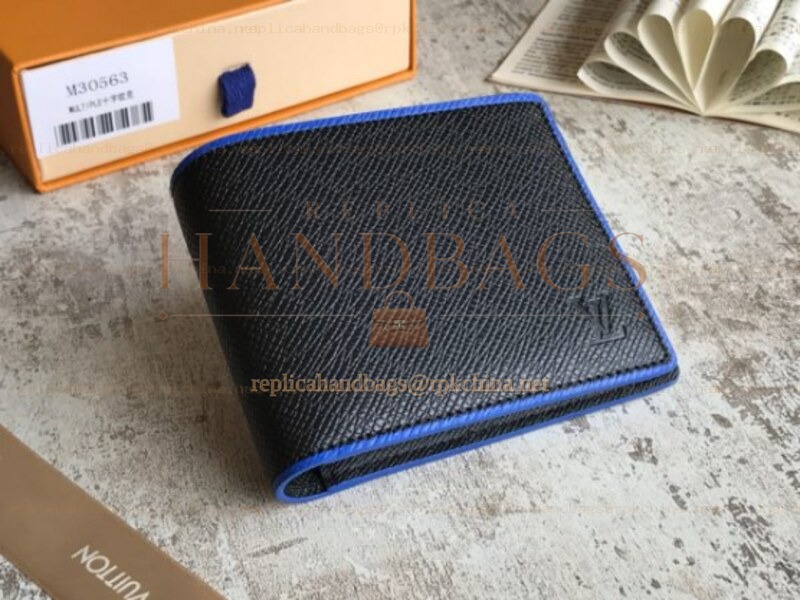 Replica Louis Vuitton Black Taiga Leather Blue Trim Multiple Wallet