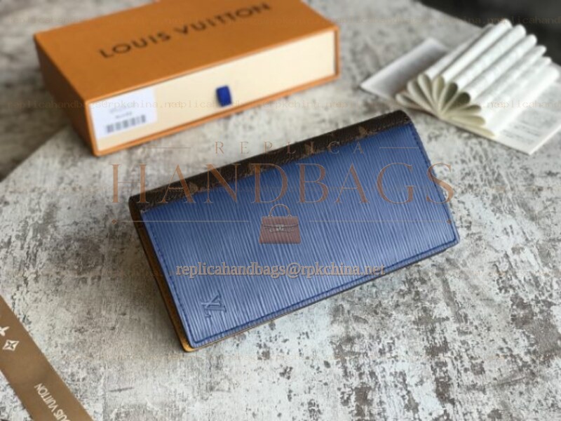 Replica Louis Vuitton Blue Epi Leather Brown Trim Brazza Wallet