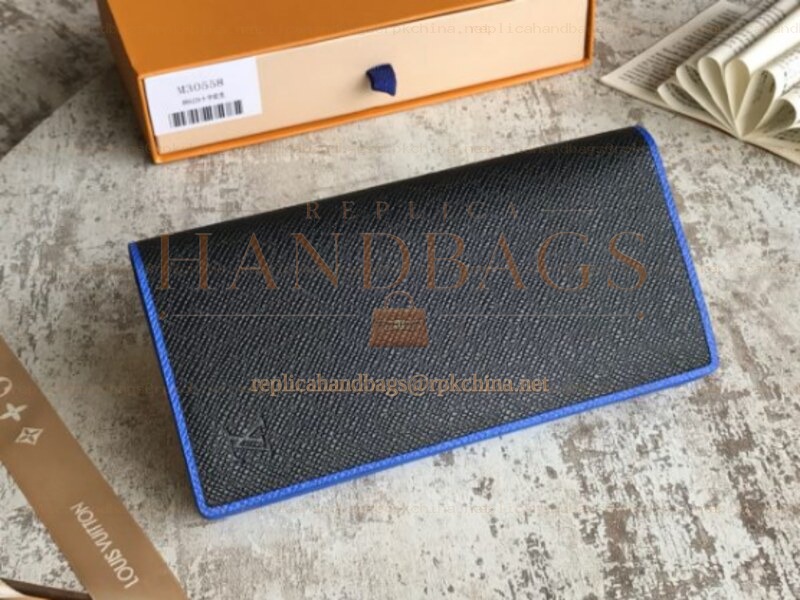 Replica Louis Vuitton Black Taiga Leather Blue Trim Brazza Wallet